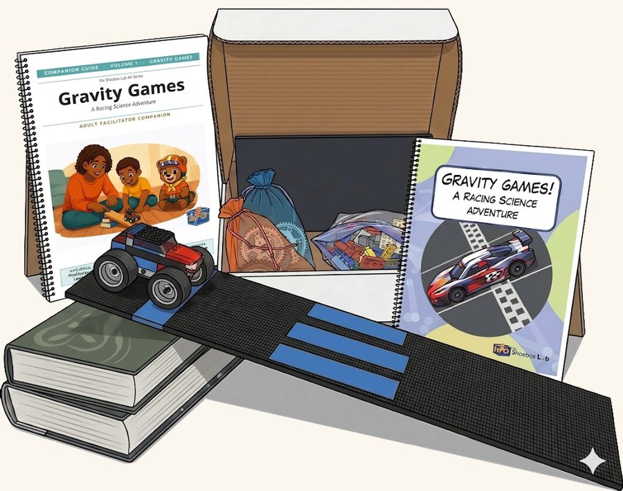 The Gravity Games kit: workbook, companion guide, ramp, car, bricks and wheels