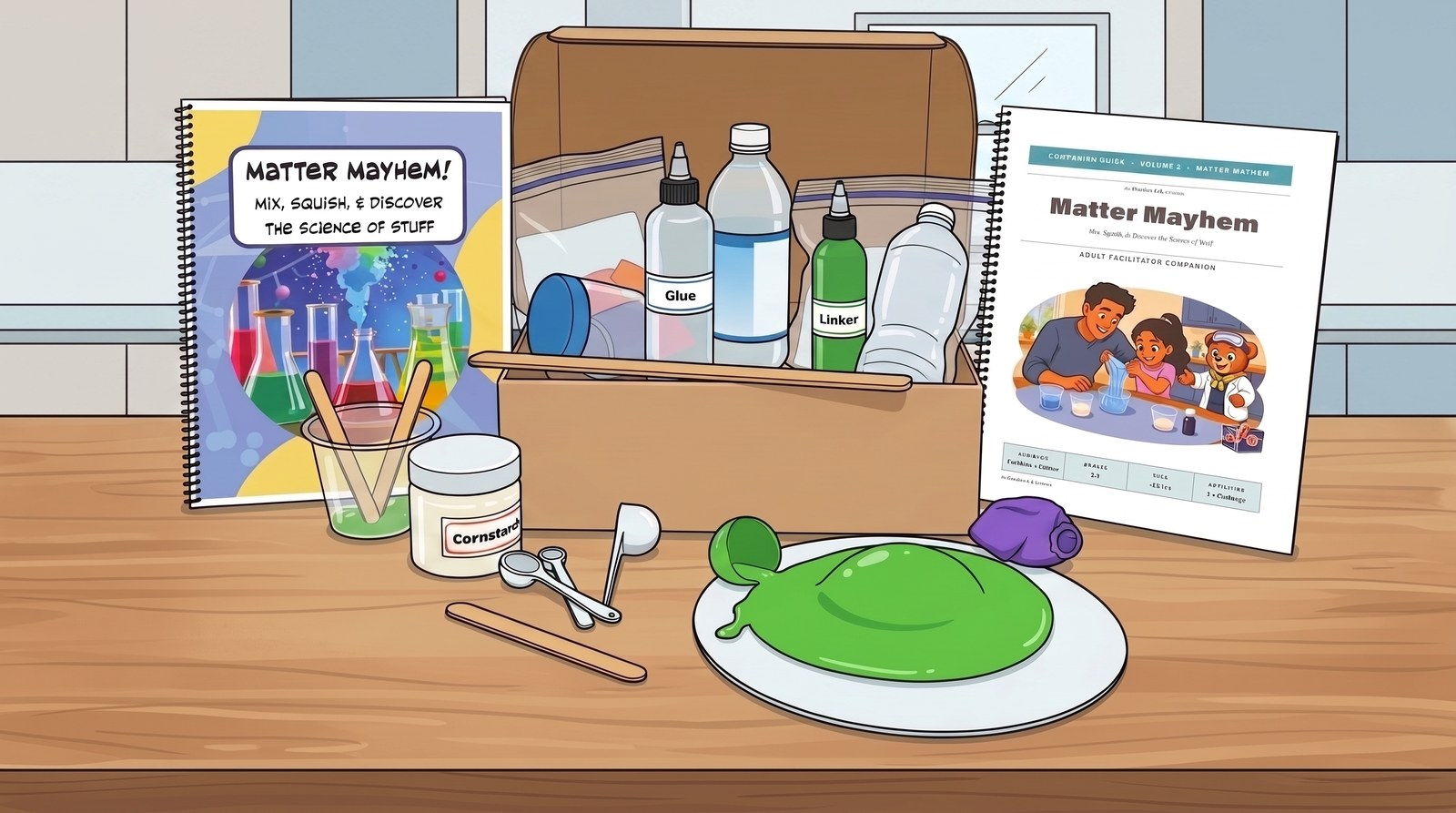 The Matter Mayhem kit: workbook, companion guide, open box, glue, linker, cornstarch and a puddle of green slime