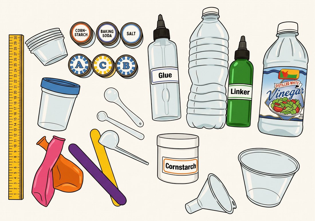The balloons, cups, vials, glue, linker, vinegar, cornstarch, funnel, spoons and ruler from the kit, laid out in rows
